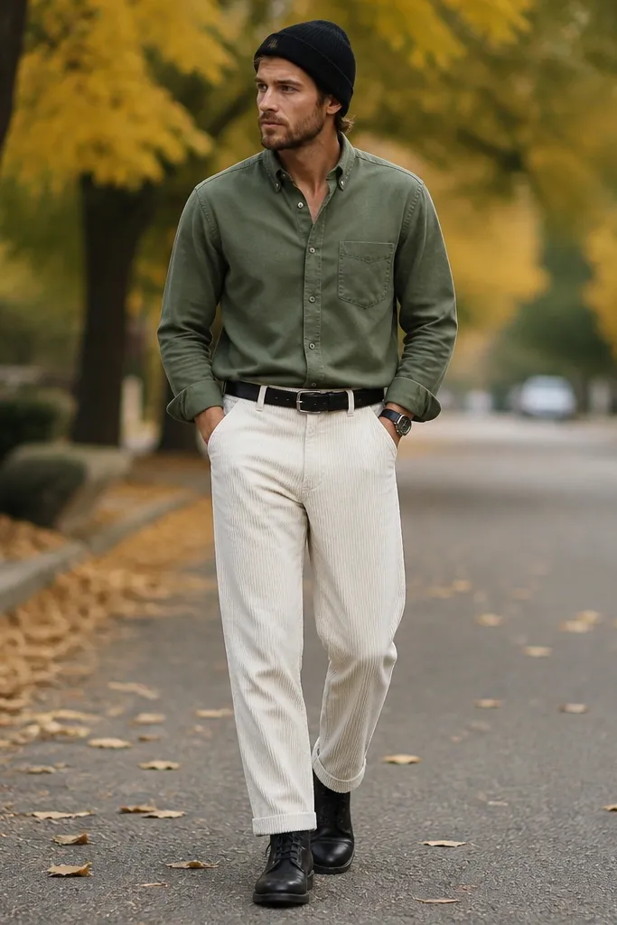 White corduroy pants with a sage green flannel button-up. A black watch cap sits on the head. The man wears black lace-up boots and a black belt. The shirt is partially tucked with one button open at the collar. Background is an autumn street with trees blurred.
