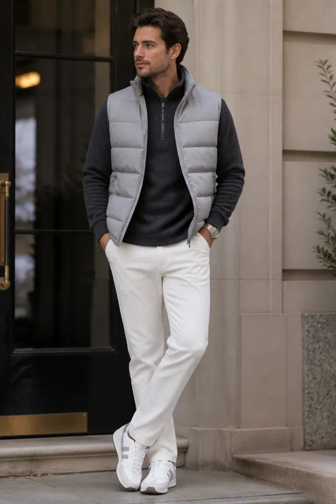 White corduroy pants paired with a charcoal quarter-zip fleece. Over it is a light gray puffer vest. Shoes are white running sneakers with a subtle gray stripe. A silver watch is visible. The background is outside near a building entrance.