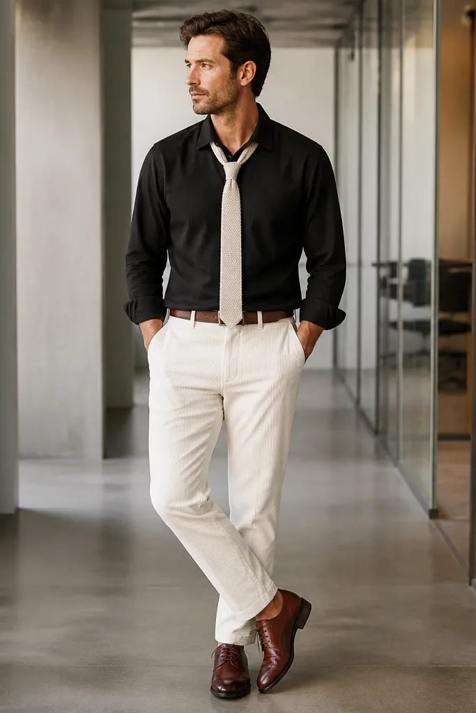 White corduroy pants with a black button-down shirt. A cream knit tie is worn, slightly loosened at the collar. The man wears brown leather oxford shoes and a brown belt. The look is smart-casual with a clean stance. Background is an office hallway.