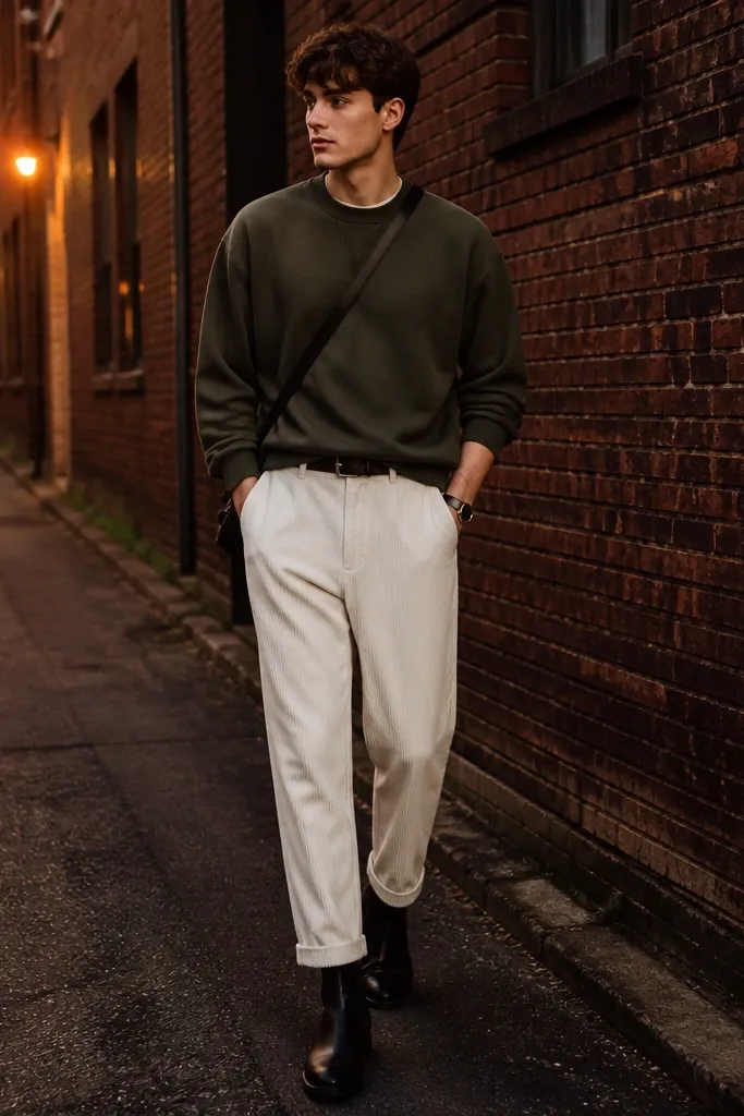 White corduroy pants with a white pocket tee. Layered on top is an olive crewneck sweatshirt worn slightly oversized. The man wears black Chelsea boots and a black belt. A watch and a small crossbody bag strap appear. Background is a brick alley at dusk.