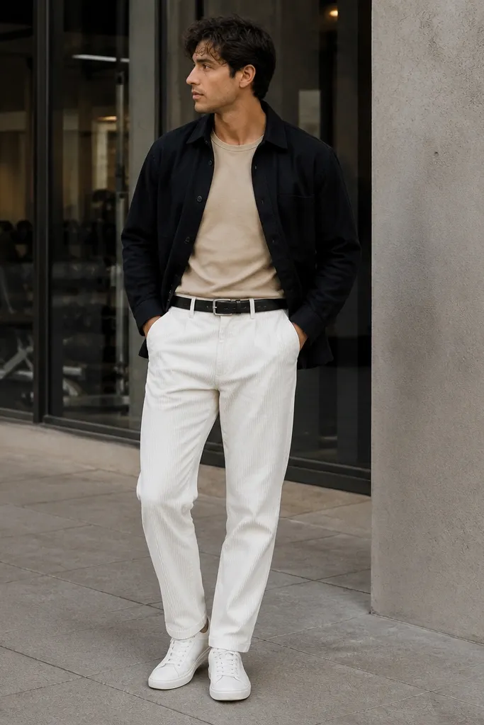 White corduroy pants with a sand-colored T-shirt. A black overshirt is layered on top, collar open. Shoes are white leather sneakers with minimal branding. Belt is black and visible. Background is a sidewalk near a gym entrance.