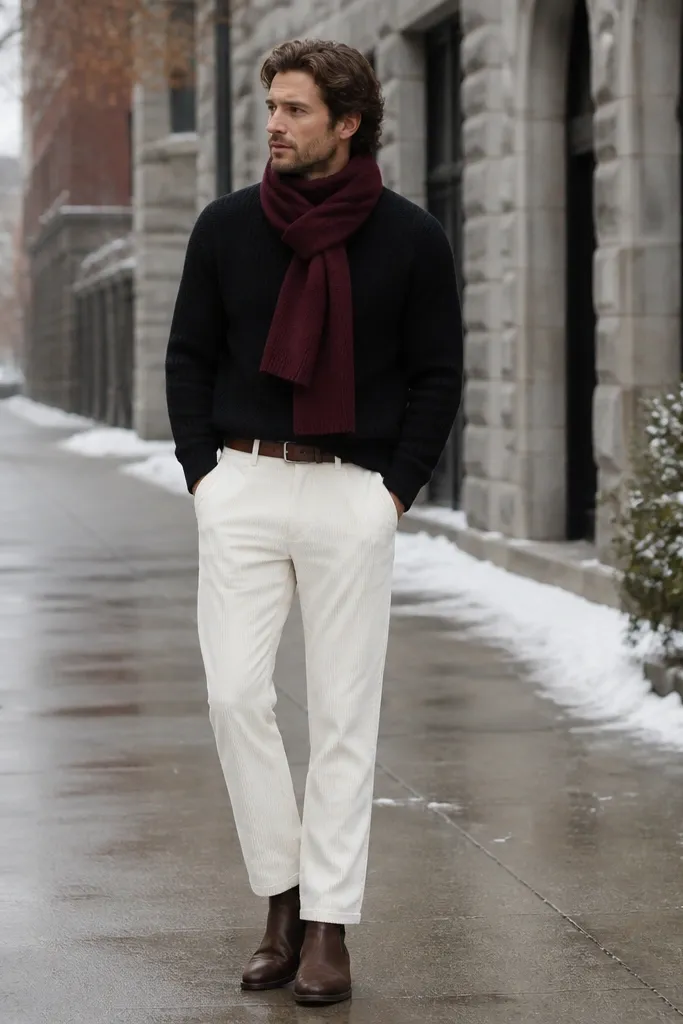 White corduroy pants with a black knit sweater. A burgundy scarf is wrapped at the neck, showing a soft knit texture. The man wears brown Chelsea boots and a brown belt. Background is a winter street with overcast light.