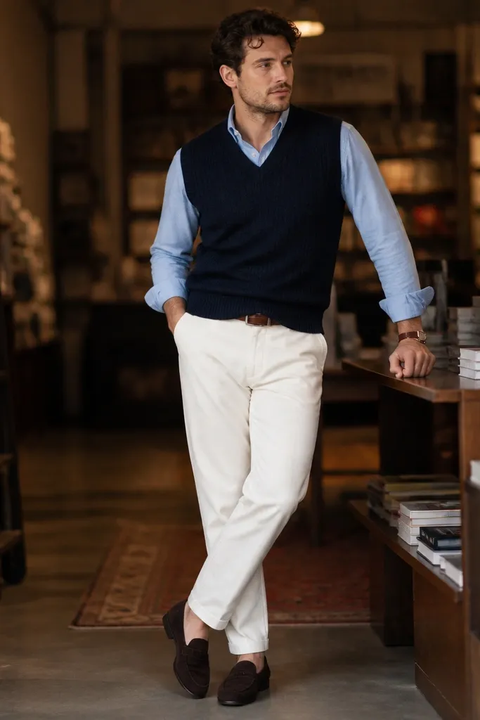 White corduroy pants with a light blue oxford shirt. Over it is a navy knit vest. The man wears suede loafers in dark brown or espresso tone. A simple brown belt is visible. Background is a bookshop or indoor setting with shelves blurred.