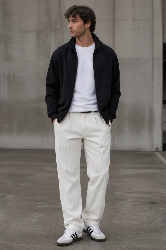 White corduroy pants styled with a black track jacket with a matte finish. The jacket is unzipped and worn over a plain white tee. Shoes are white sneakers with black accents. Belt is black but mostly hidden by the shirt hem. Background is a gym parking area with concrete texture.