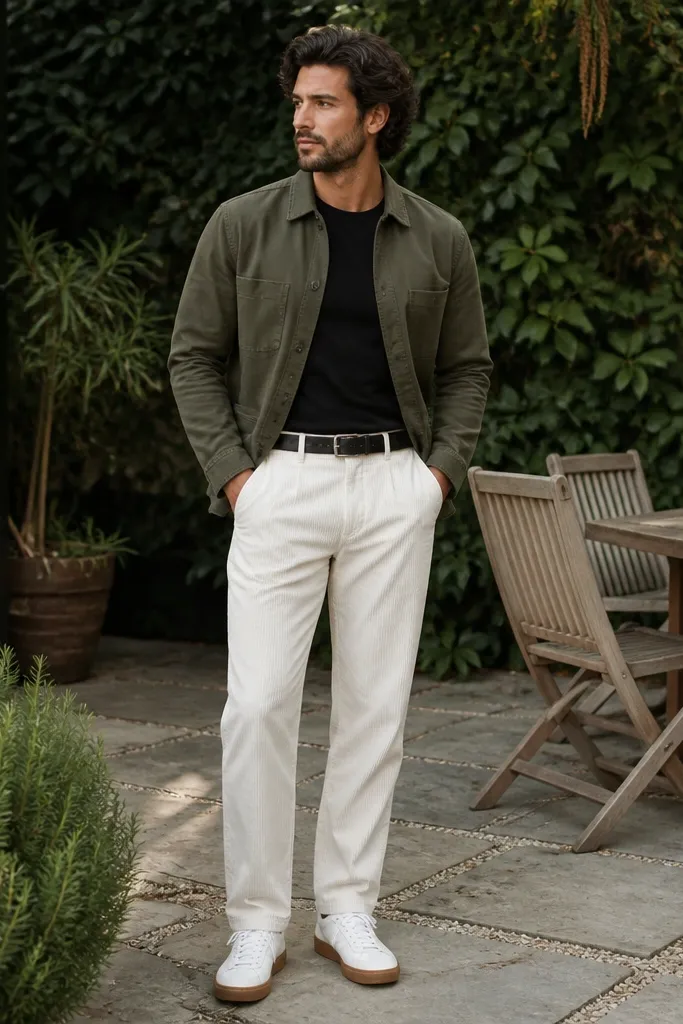 White corduroy pants with a black crewneck tee. An olive chore jacket is layered on top, slightly fitted through the waist. The man wears white sneakers with a gum sole. Belt is black. Background is a backyard patio with green plants.