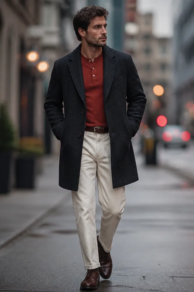 White corduroy pants with a rust-colored henley shirt. A charcoal overcoat is worn over the henley, buttoned once. Shoes are dark brown leather oxfords. A dark brown belt is visible. Background is a city street in cold weather, blurred lights behind.