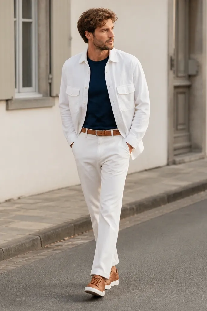 White corduroy pants with a white chambray overshirt worn open. Under it is a navy crewneck tee. The shoes are tan leather sneakers with white midsoles. Belt is tan. Background is a quiet street with neutral tones.
