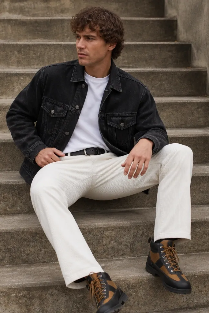 White corduroy pants with a plain white tee. A black denim jacket is layered on top, with visible seams and a slightly washed finish. Shoes are two-tone boots, black with tan panels and laces. Belt is black. Background is an outdoor stairway with concrete steps.