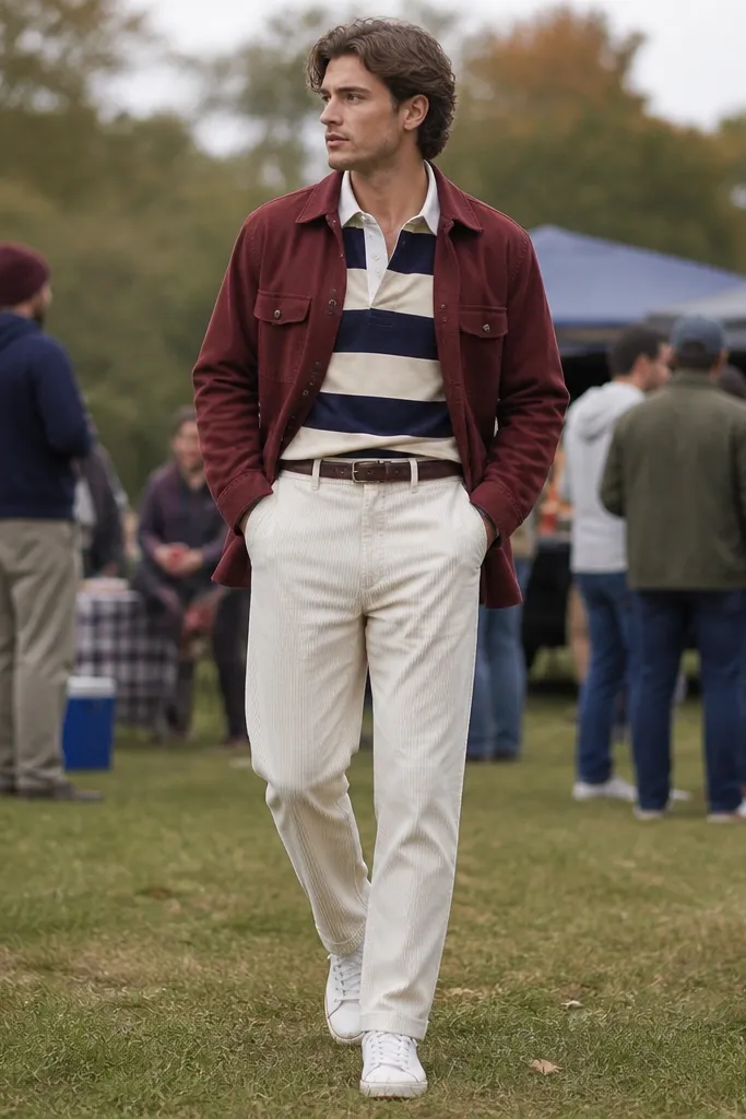 White corduroy pants with a striped rugby polo shirt in navy and cream. Over it is a burgundy chore jacket, unbuttoned. The shoes are white sneakers. Belt is dark brown. Background is a tailgate-style outdoor scene with blurred people.