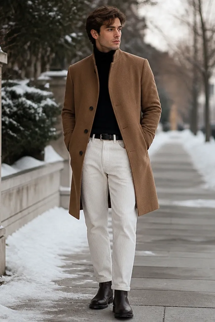 White corduroy pants with a black turtleneck sweater. A camel overcoat is worn over everything, buttoned. Shoes are black or dark brown Chelsea boots. A black belt is visible at the waist. Background is a winter sidewalk with soft light.
