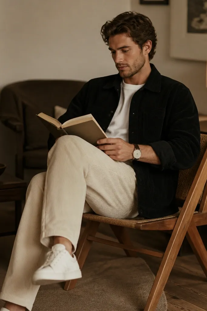 Off-white corduroy pants paired with a black corduroy jacket. The man wears a plain white crewneck tee underneath. Shoes are simple white sneakers. A minimal watch sits on the wrist. Background is a cozy indoor setting with warm lamps.