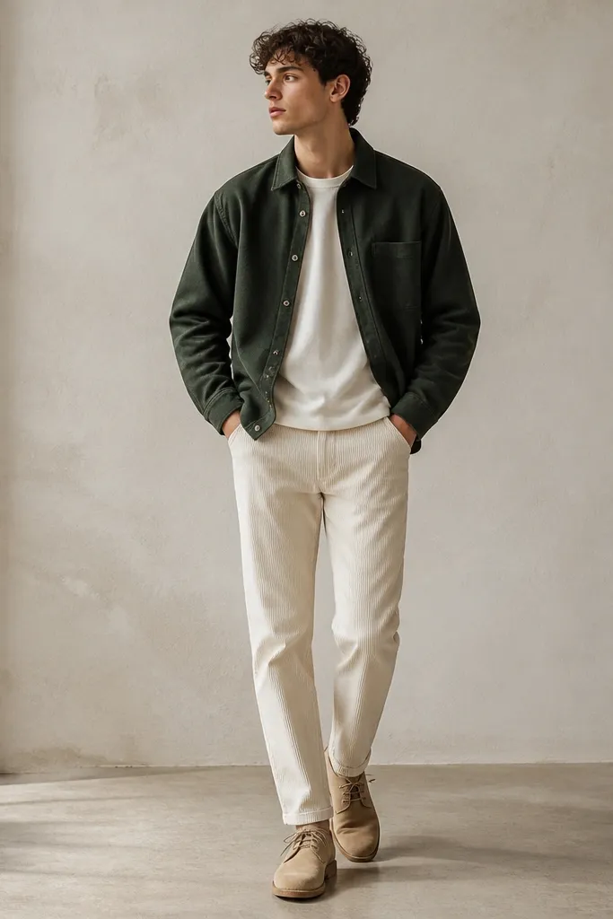Model wearing cream bone-white corduroy pants with a mid-rise straight leg, paired with a forest green brushed cotton overshirt, an off-white crewneck underneath, and tan suede desert boots with crepe soles. Natural daylight shows the corduroy ribs and the overshirt's subtle texture; the outfit looks slightly oversized at the shoulders and slim through the legs.