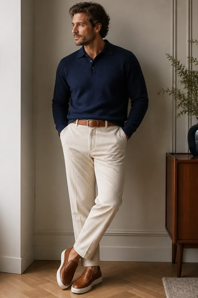 Outfit photo showing chalk-white corduroy pants with a clean taper, worn with a navy sweater polo made of thick double-knit fabric. A camel leather belt sits at the natural waist, and the shoes are loafers with a white rubber sole and light brown leather upper. The scene is indoors near a window, highlighting the corduroy ribs, the sweater's knit thickness, and the contrast between navy and off-white.