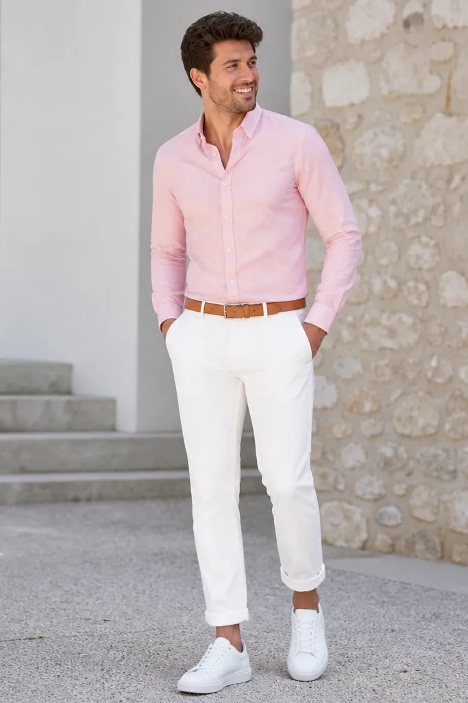 A light blush pink button-down Oxford shirt tucked into fitted white cotton chinos with a single rolled cuff at the hem. White low-top sneakers and a tan leather belt. The outfit is photographed outdoors with bright natural light, showing the shirt's small Oxford texture.