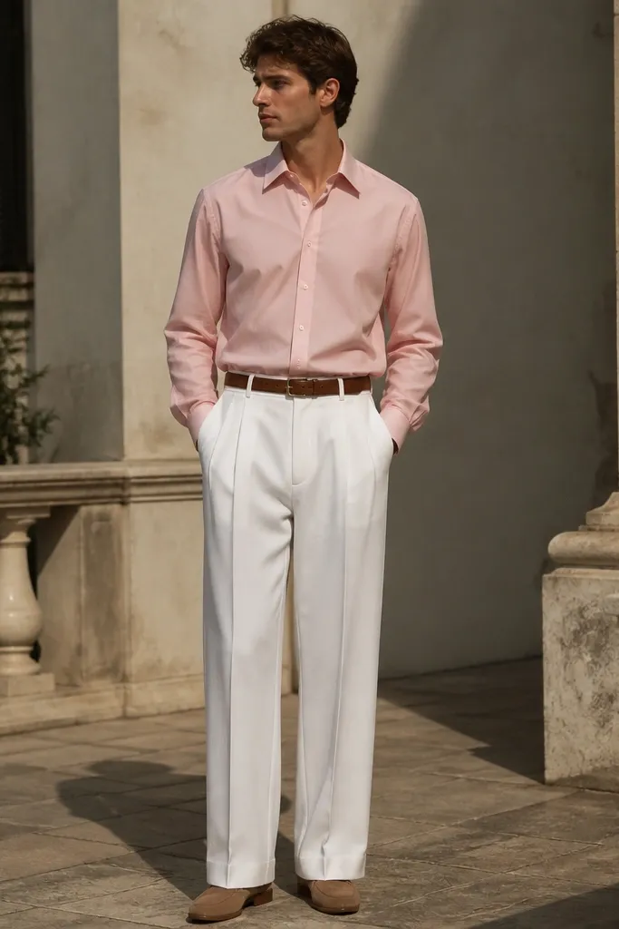 A salmon pink poplin dress shirt tucked into white pleated trousers with a wide leg and visible crease. Tan suede loafers and a brown belt. The shirt has a neat collar and the photo shows the pleats falling straight down.
