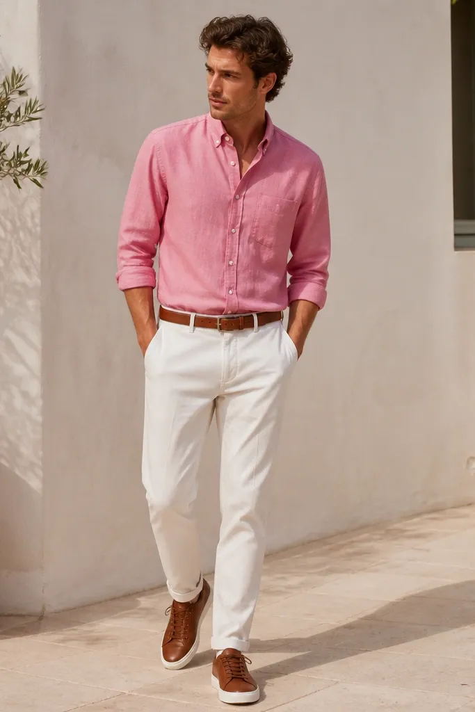 A medium pink chambray shirt with a slightly faded look, worn tucked into white straight chinos. Brown sneakers with white soles and a brown belt. The shirt sleeves are rolled once at the forearm.