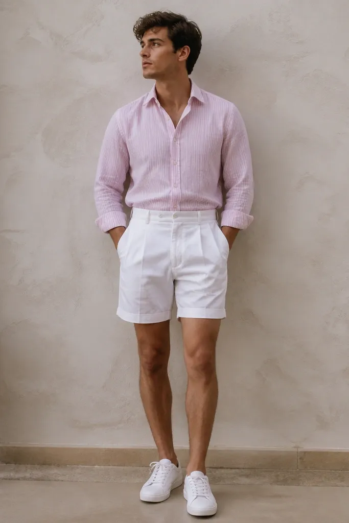 A light pink and white striped button-down shirt tucked into white pleated shorts. White trainers and no belt visible. The stripes are thin and the shirt is slightly wrinkled in a natural way.