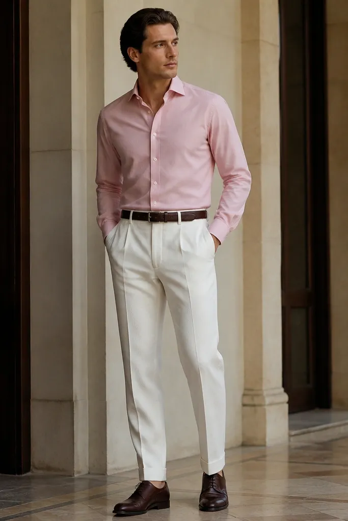 A rosy pink dress shirt tucked into white wool-blend trousers with a slight taper. Dark brown lace-up Oxfords and a dark brown belt. The fabric looks heavier and the pants have a subtle texture.