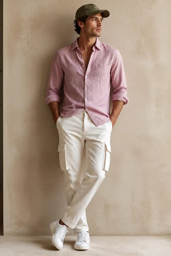 A pink chambray button-up worn partially tucked into white cargo chinos with large pockets. White sneakers and an olive baseball cap. The shirt sleeves are rolled and the lighting shows the cargo pockets clearly.
