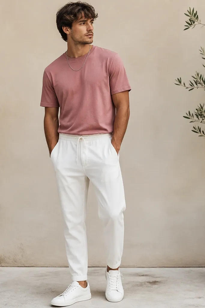 A faded rose crewneck T-shirt worn tucked into white jogger chinos with a tapered ankle. Clean white sneakers and a minimal silver chain. The shirt has a slightly worn-in look.