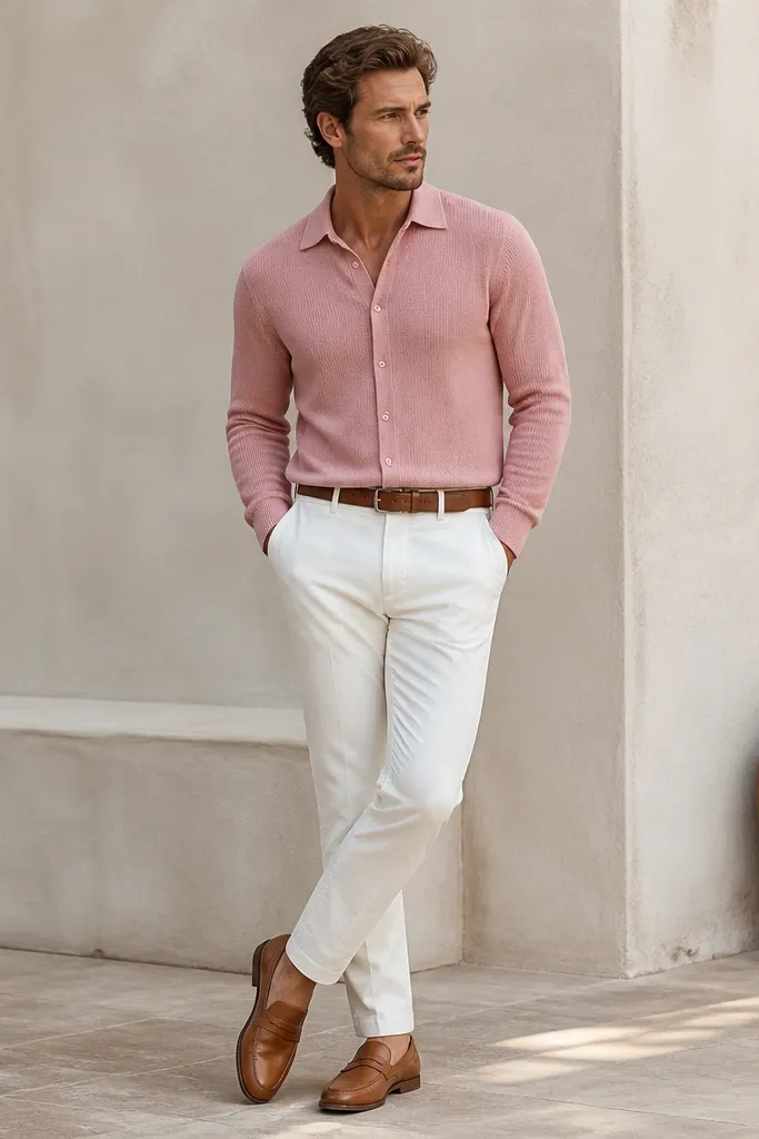 A rose pink knit button-down worn tucked into white stretch chinos. Brown leather belt with a simple buckle and tan leather loafers. The knit texture is visible and the sleeves are unrolled.