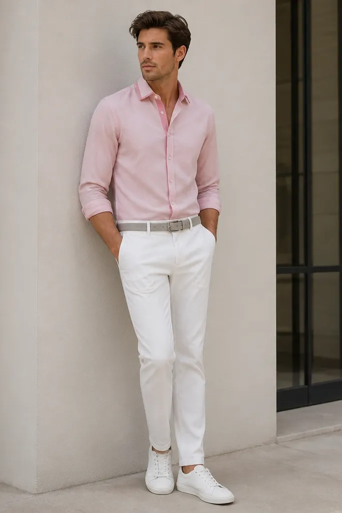 A pink button-down shirt with a slightly darker rose placket and collar detail tucked into white denim chinos. White sneakers with subtle stitching and a light grey belt. The denim texture is visible.