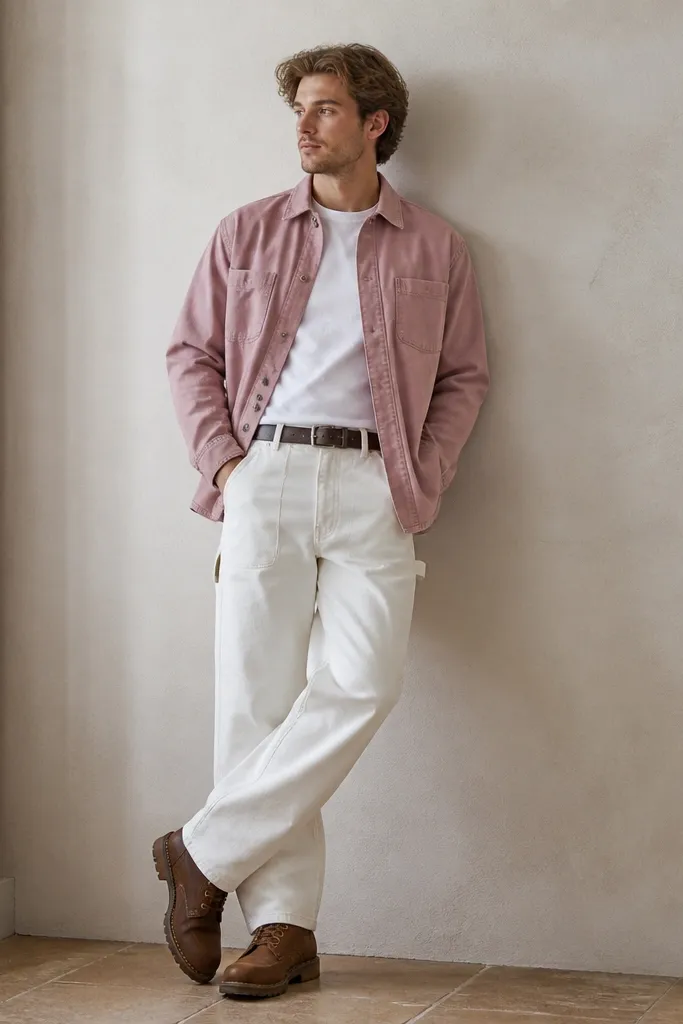 A rose pink overshirt layered over a plain white crewneck, paired with white carpenter pants with tool pockets. Brown work boots and a dark belt. The photo shows the overshirt un-tucked and slightly open at the front.