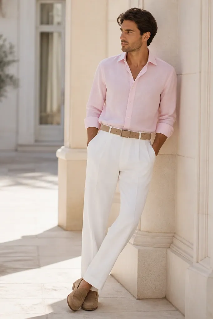 A powder pink button-down shirt tucked into white pleated trousers with a wider leg. Light brown suede loafers and a matching light brown belt. The outfit looks bright and airy, photographed in daylight.