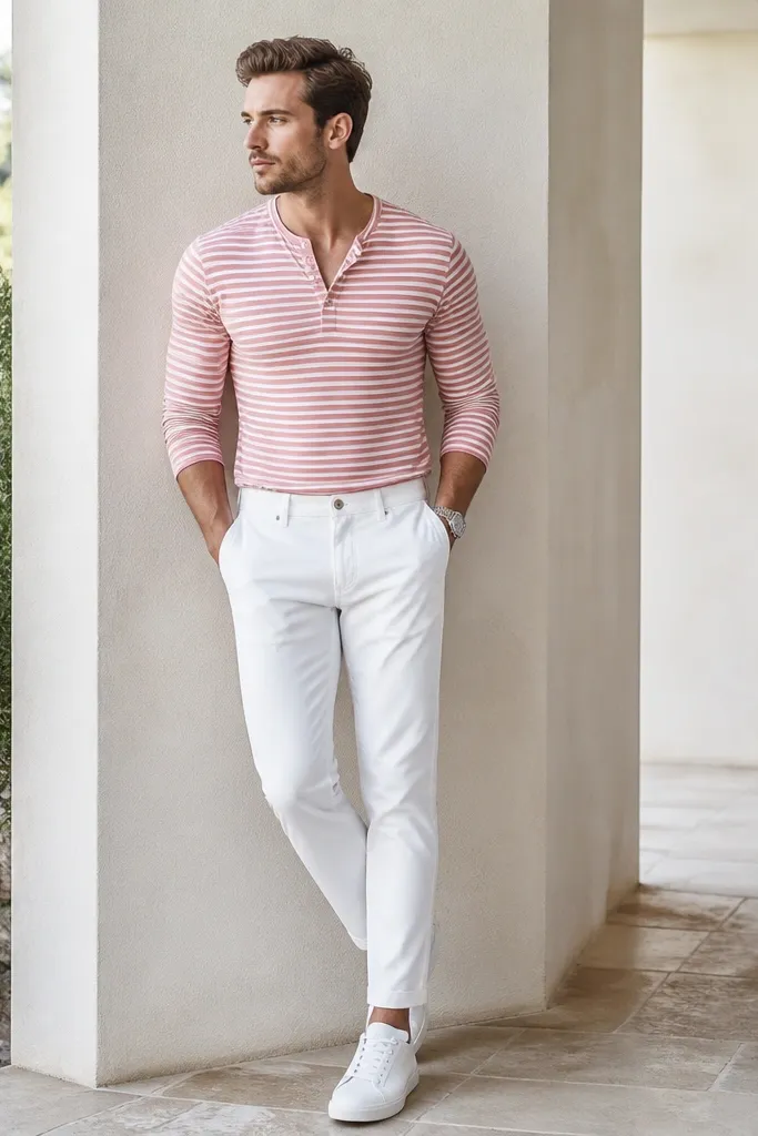 A pink-and-white striped henley shirt with a few buttons undone, worn tucked into slim tapered white pants. White sneakers and a simple silver watch. The henley texture is visible and the neckline sits close to the chest.