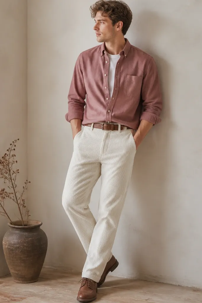 A muted rose flannel button-up layered over a white tee, tucked into white corduroy pants. Brown leather shoes and a brown belt. The corduroy ribs are visible and the flannel has a soft brushed texture.