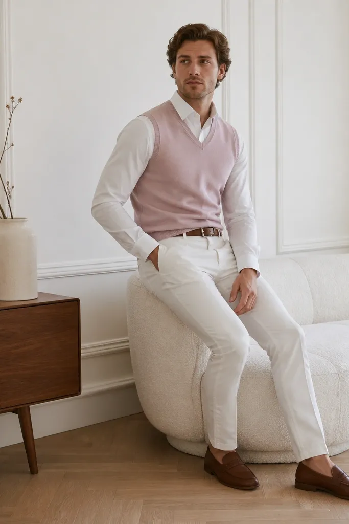A blush pink sweater vest layered over a white button-down shirt, worn with white pants. Brown loafers and a brown belt. The vest is fitted and the shirt collar shows above it.