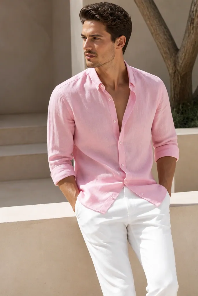 Pink shirt and white pants outfits for men