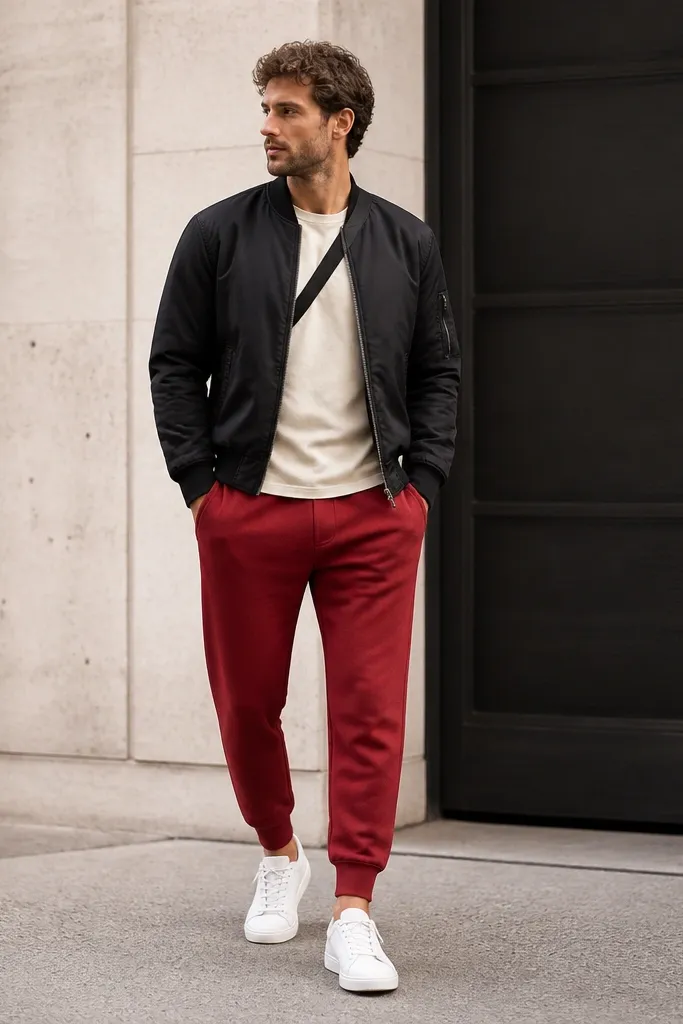 A man wearing red sweatpants with a cream short-sleeve T-shirt and a matte black bomber jacket. He has white low-top sneakers and a thin black crossbody strap. The red sweatpants sit slightly loose through the thigh with a clean ankle cuff.
