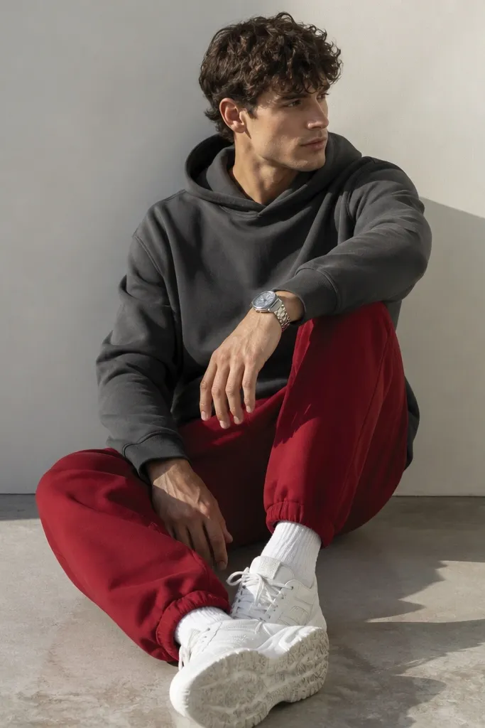 Red sweatpants paired with a charcoal grey pullover hoodie. The man wears thick white sneakers and a simple silver wristwatch. The hoodie is slightly roomy, with the hood lying flat.