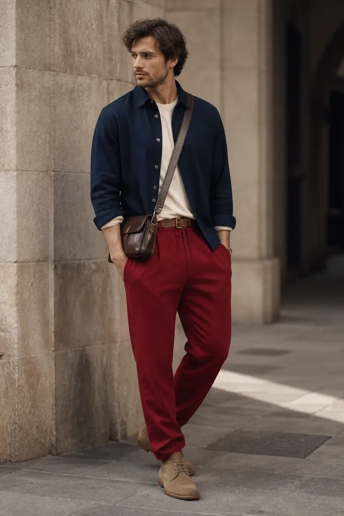 Red sweatpants with a navy overshirt buttoned halfway and a cream tee underneath. The man wears tan suede chukka boots and a dark brown leather belt. A crossbody bag rests at hip level.