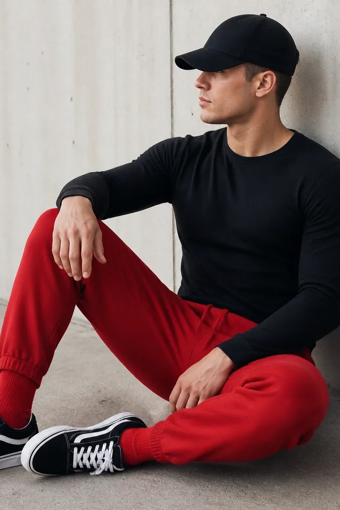 Red sweatpants with a fitted black long-sleeve crewneck tee. The man wears black-and-white sneakers and shows red socks at the ankle. A black cap sits low over short hair.
