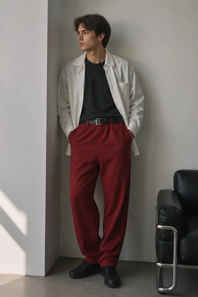 Red sweatpants paired with a white overshirt layered over a black or dark grey tee. The man wears a black belt visible at the waist and black sneakers. The overshirt is unbuttoned and slightly open.