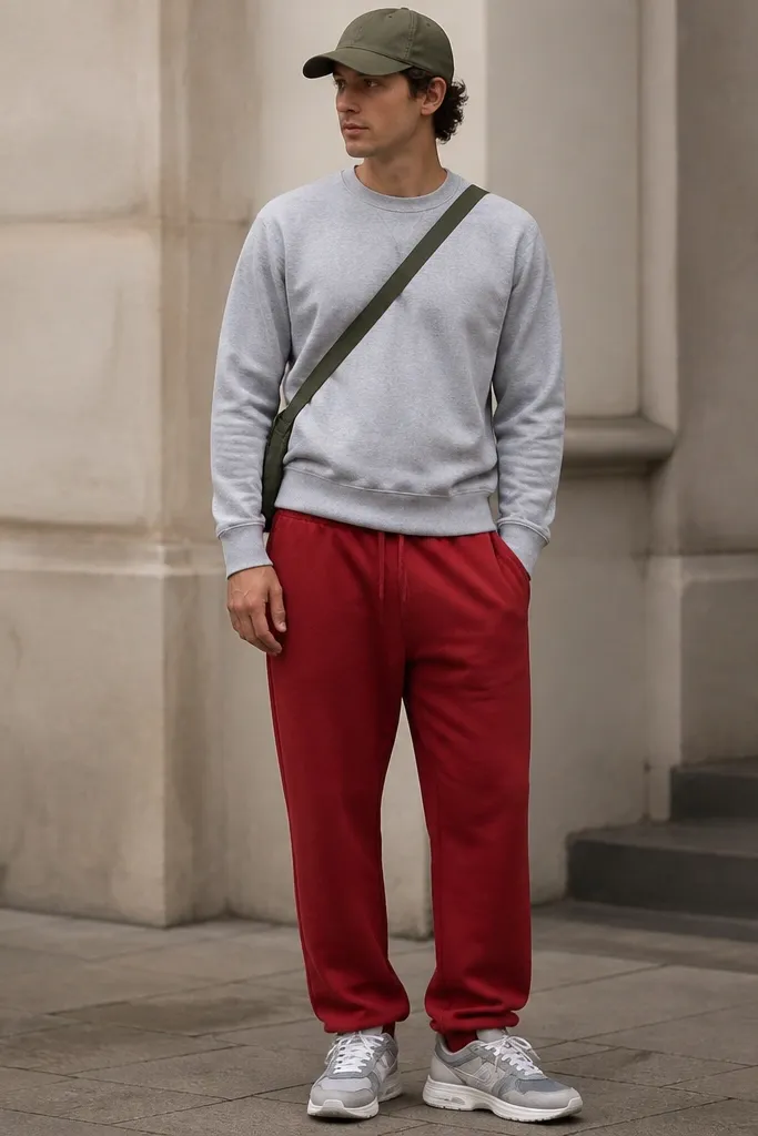 Red sweatpants with a grey melange crewneck sweater. The man wears a dark olive baseball cap and grey-white sneakers. A small olive crossbody bag strap is visible.