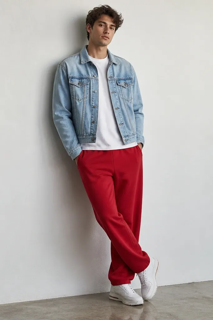 Red sweatpants with a light blue denim jacket over a white T-shirt. The man wears white sneakers with a slightly chunky sole. The jacket hem sits around the upper hip.