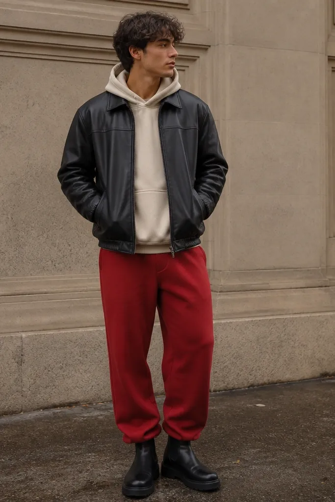 Red sweatpants paired with a cream hoodie under a black faux-leather jacket. The man wears black boots and keeps the jacket zipped halfway. His hands are in the hoodie pocket openings.