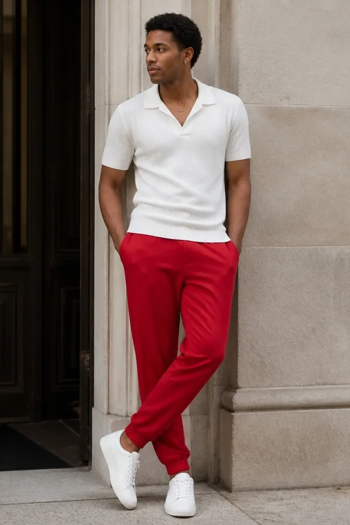 Red sweatpants paired with a white knit polo shirt. The man has a thin gold chain and wears clean white sneakers. The polo collar sits flat and buttons are open at the top.