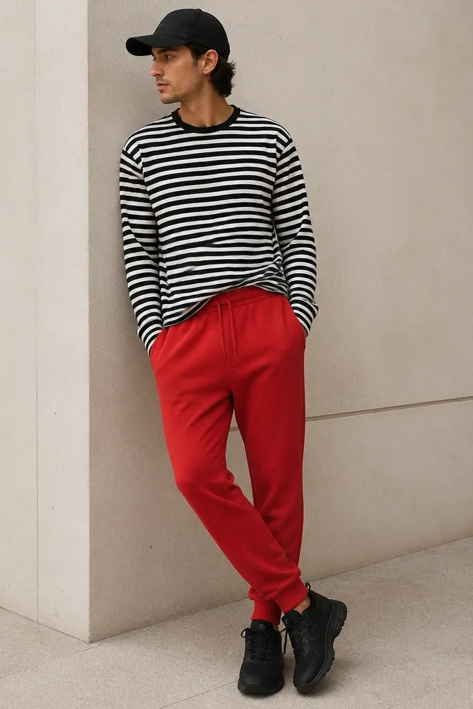 Red sweatpants with a black-and-white striped long-sleeve tee. The man wears black sneakers and keeps a black cap. The tee is half-tucked and the stripes are crisp.