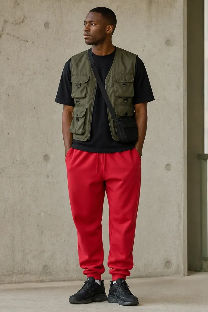Red sweatpants with an olive utility vest worn over a black crewneck tee. The man wears black sneakers and has a small crossbody bag. The vest pockets are visible and the vest sits at upper hip.