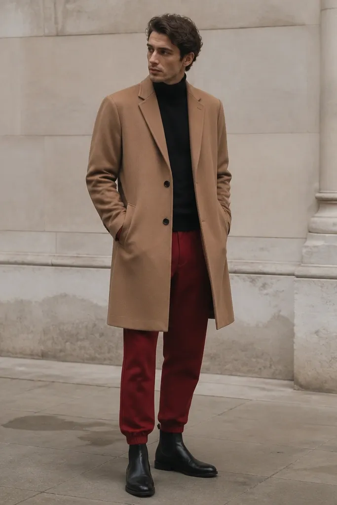Red sweatpants styled under a camel overcoat with a black turtleneck. The man wears dark Chelsea boots and keeps the overcoat hem just above the knee. The red is visible at the cuffs only.