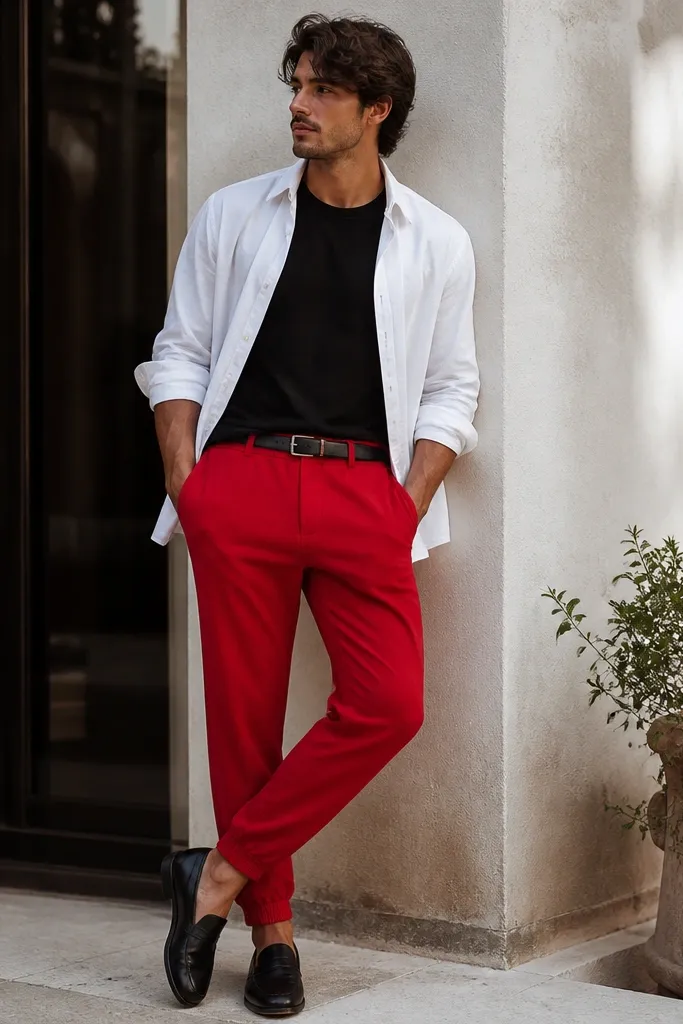 Red sweatpants paired with a white button-down shirt worn open over a black tee. The man rolls the sleeves to mid-forearm and wears black loafers or sleek sneakers. A simple black belt shows at the waist.