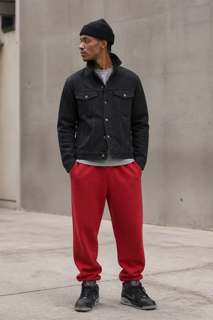 Red sweatpants with a black denim jacket over a medium grey crewneck tee. The man wears black-and-grey sneakers and a black beanie. The jacket is buttoned and the collar is up slightly.