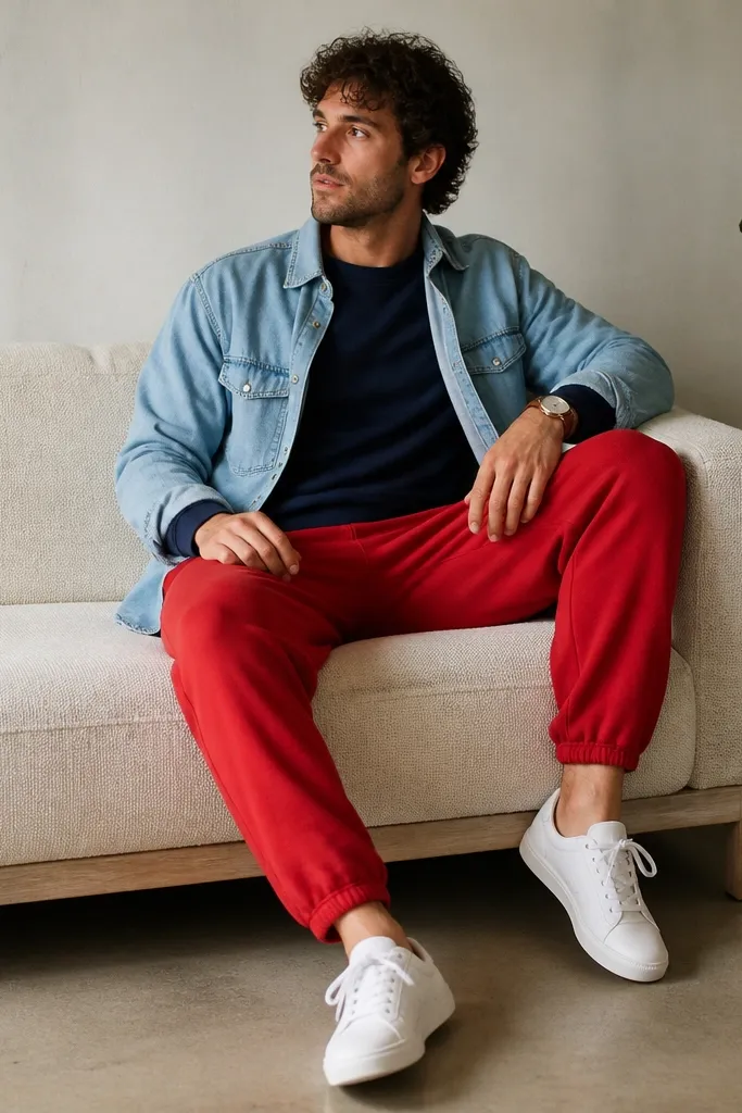 Red sweatpants with a navy crewneck sweatshirt. On top, there's a light wash denim shirt or thin jeans layer worn open. The man wears white sneakers and a brown leather watch.