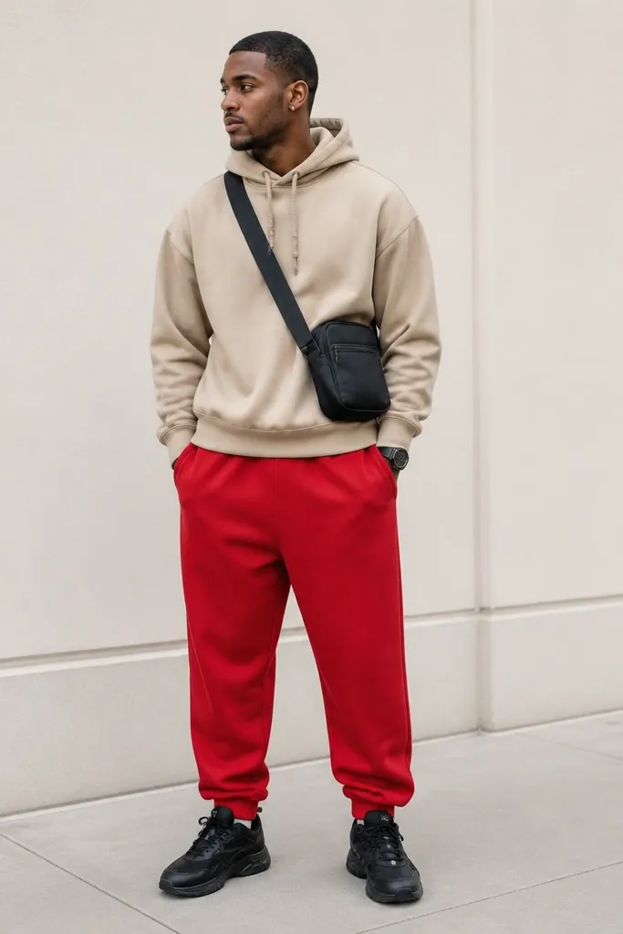 Red sweatpants with a tan hoodie and a black crossbody bag across the chest. The man wears black sneakers and a simple black watch. The hoodie is pulled tight at the neck with relaxed shoulders.