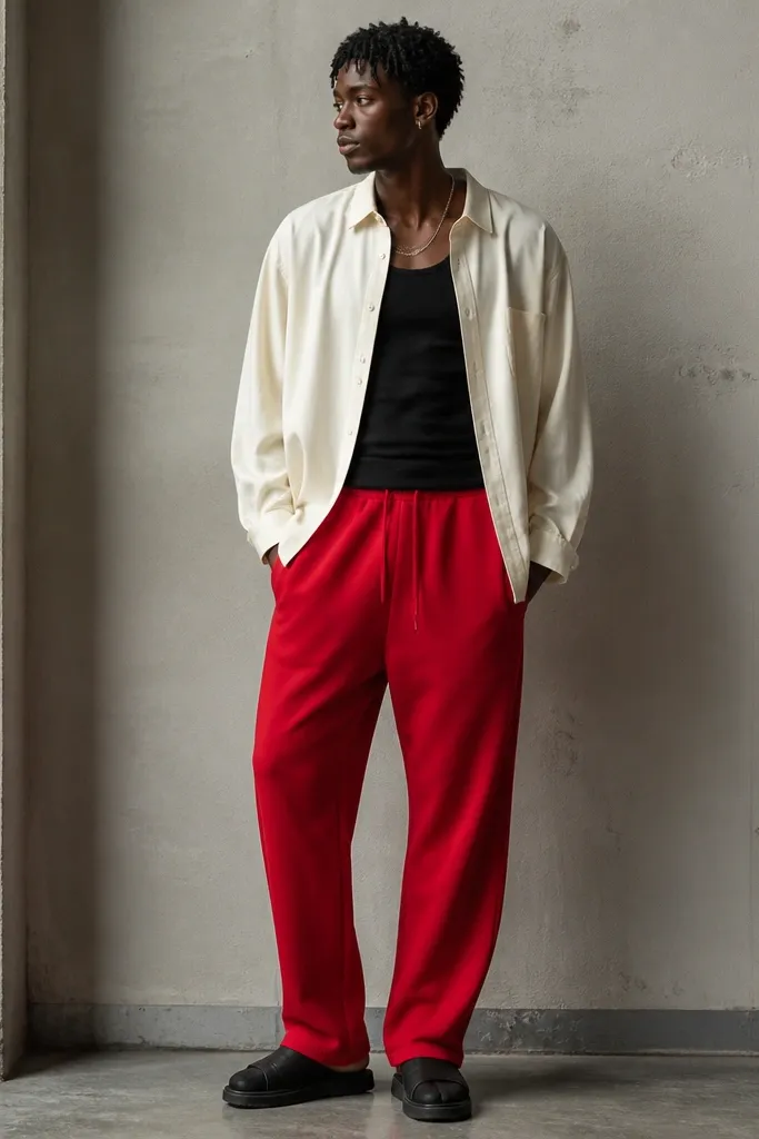 Red sweatpants with a black tank top underneath an oversized button-up shirt worn open. The shirt hangs past the hips and the man wears black slide sandals or low sneakers. A silver chain is visible.