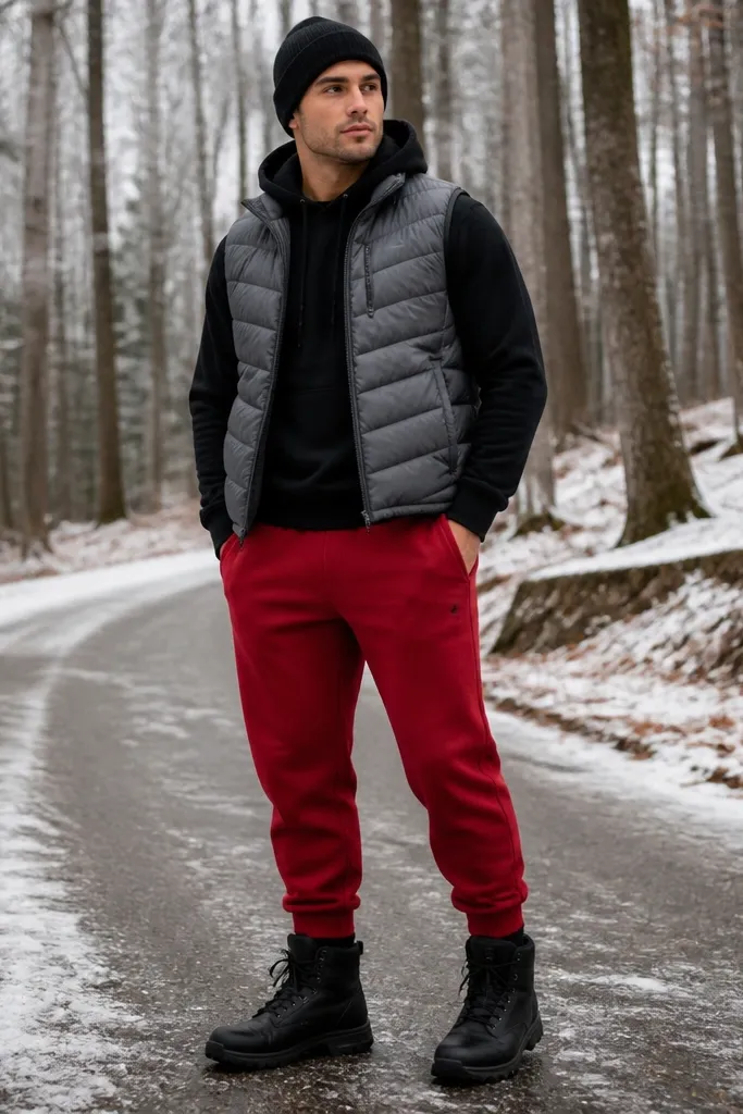 Red sweatpants with a black hoodie under a grey puffer vest. The man wears black winter boots and a knit beanie. The vest is quilted and sits at upper hip.